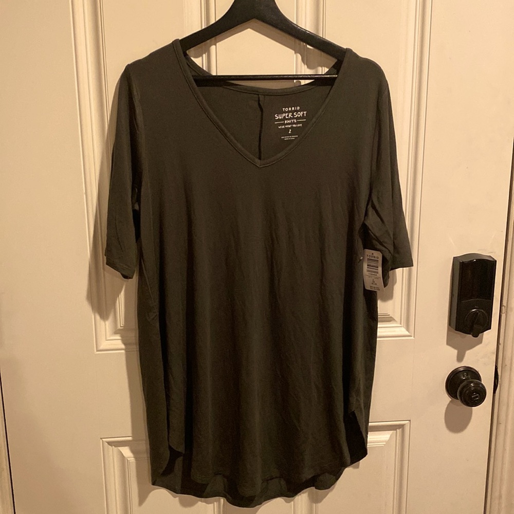 Torrid Super Soft Knit T-shirt, short-sleeved, tunic length, v-neck, olive green
